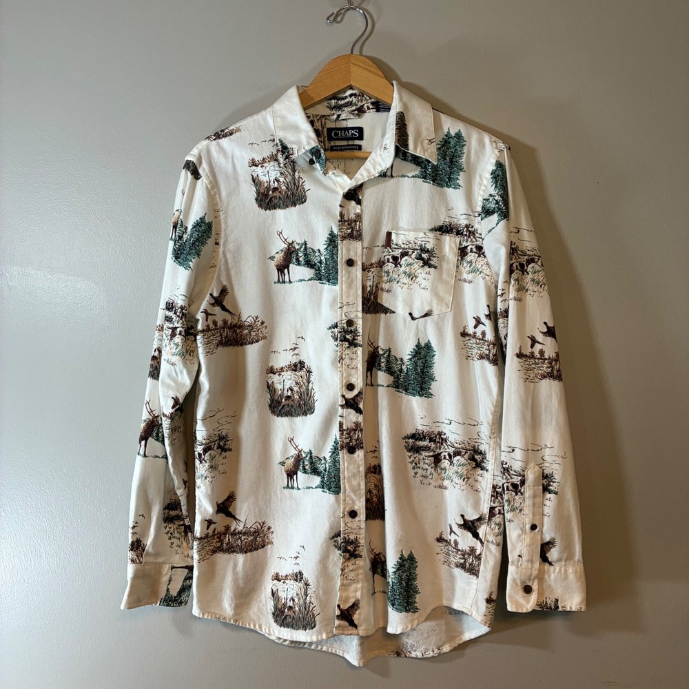 Chaps Performance Mens Medium Wildlife Print Button Down Shirt Elk Dog Pheasant